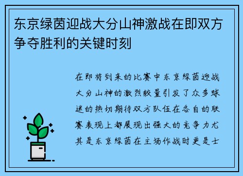 东京绿茵迎战大分山神激战在即双方争夺胜利的关键时刻